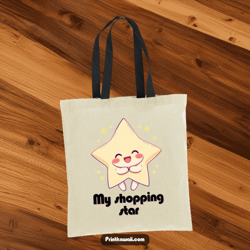 Funny tote bag with a character smiling joyfully, hugging a large, sparkling star, perfect for carrying essentials with cosmic flair.