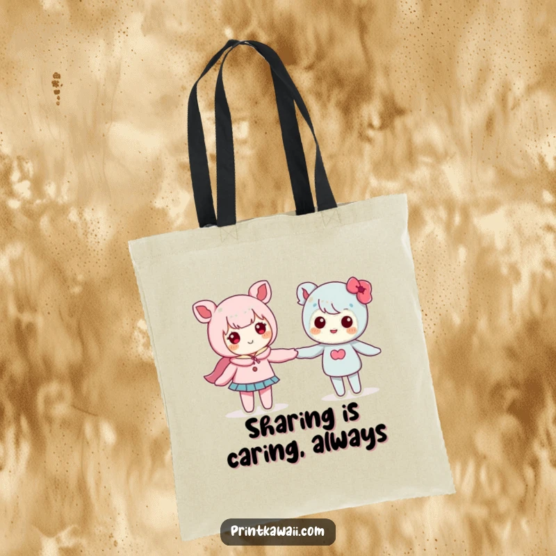Funny tote bag showcasing two cute kawaii characters holding hands, perfect for carrying daily essentials with style.