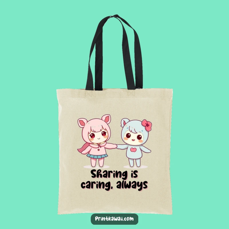 Funny Kawaii Tote Bag: Cute Characters Holding Hands on the Go